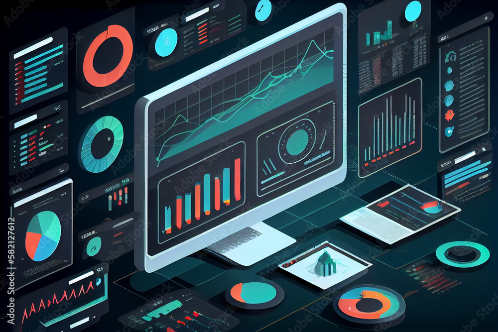 Pc with charts and data Management System to make reports with KPI and ...