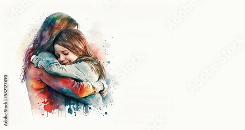 Mother's day - illustration of mom and daughter hugging each other with copy space for text, Generative ai. photo
