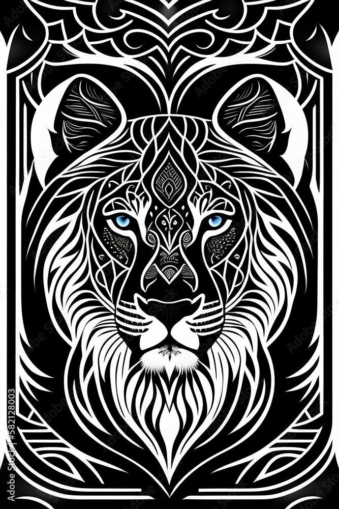 tiger head and only facing front, glare, black and white, white background, no background, ink fine line art stylized, vector, design for tattoo, african pattern mane, small cat ears tiger head and only facing front, glare, black and white, white background, no background, ink fine line art stylized, vector, design for tattoo, african pattern mane, small cat ears