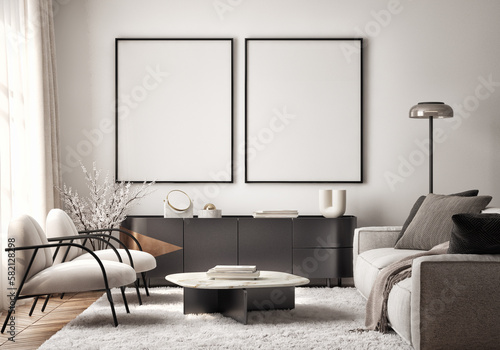 Mockup poster frame on the wall of living room. Luxurious apartment background with contemporary design. Modern interior design. 3D render  3D illustration.