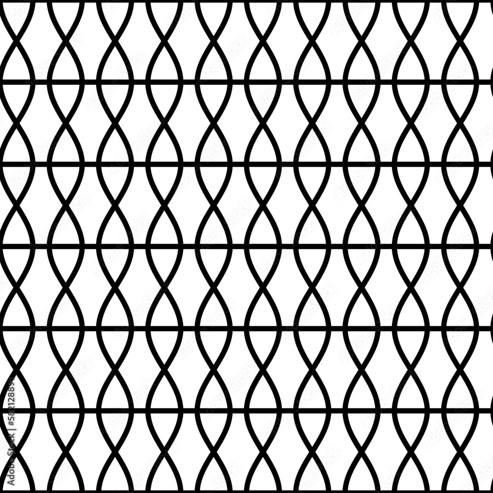 Naklejka premium Monochrome vector graphic of vertical black spirals intersected by horizontal parallel lines, all on a white background