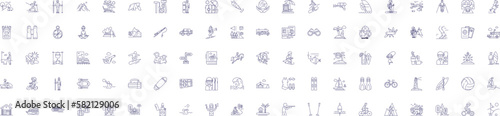 Outdoor leisure line icons signs set. Design collection of Camping, Hiking, Fishing, Kayaking, Biking, Swimming, Boating, Climbing outline concept vector illustrations