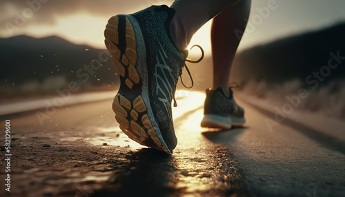 Person running on a road at sunset, Close-up of a runners foot, Shoes, Walking, Generative AI