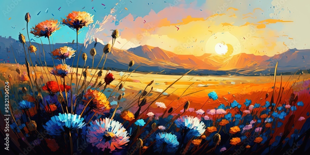 Field of dandelion, cornflower, and daisy with oil painting of flowers, Generative AI
