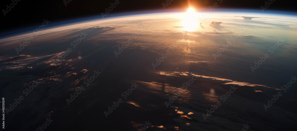 sunrise over the earth, cloud planet, horizon view with lens flare, wallpaper, AI 