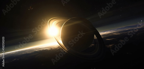 Saturn planet realistic illustration  cinematic univers  golden light in the dark  AI 