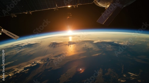 earth from space, horizon view from satellite, hyper realist 3D render, Ai 