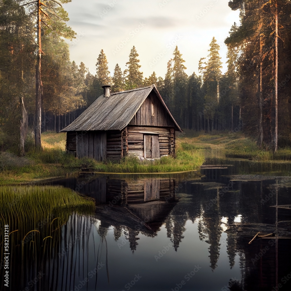 An old wooden hunting hut stands against the backdrop of a secluded forest lake. Generative AI