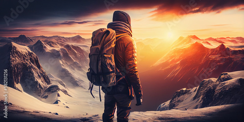 A man climber, with a backpack on his shoulders, stands with his back on top of a snowy mountain in the rays of the rising sun and looks into the distance. Generative AI