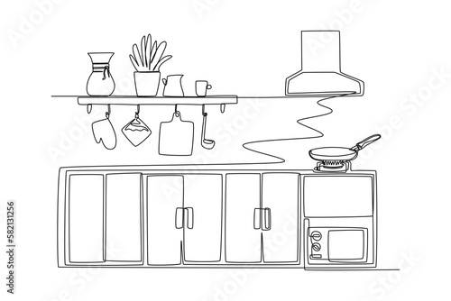 Single one-line drawing kitchen decoration with cooking equipment. Kitchen room concept continuous line draw design graphic vector illustration