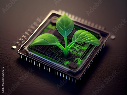 small plant sprout growing from electronic microprocessor, eco-friendly computer technology. Generative AI photo