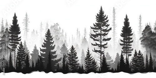 A foggy spruce forest with fir trees on white background in seamless pattern, Generative AI