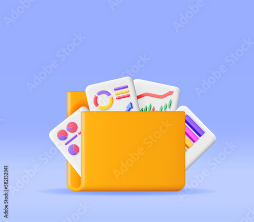 3D File Folder full of Paper Sheet with Pie Diagram. Render Stock Pie Growth or Success. Financial Item, Business Investment, Financial Market Trade and Reports. Money and Banking. Vector Illustration