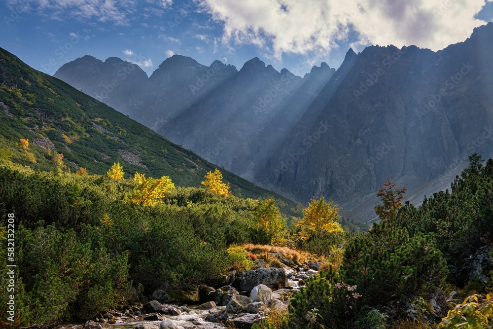 Fototapeta premium Beautiful landscape with high mountains with illuminated peaks, stones in mountain creek, blue sky and yellow sunlight in suunset. Amazing scene with Tatras mountains