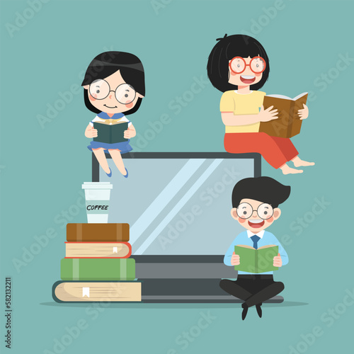 People reading book with computer cartoon