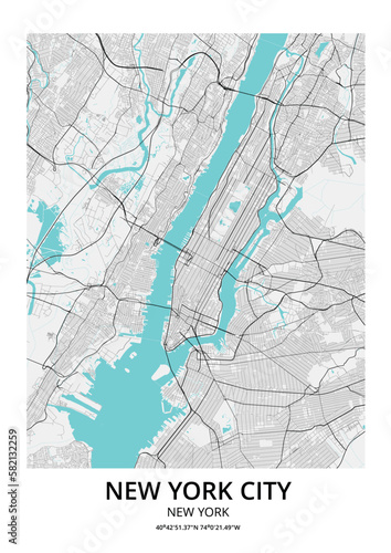 City map art of New York in USA. Road map of New York City (United States). Black and white (blue) illustration of New York streets. Printable poster.