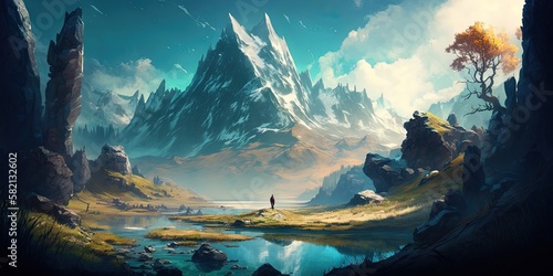 Natures scenery, including mountains, serves as a stunning backdrop in fantasy fiction concept art and video game digital artwork, Generative AI