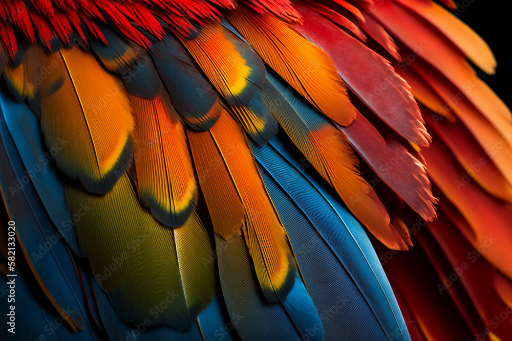 Obraz premium Scarlet macaw bird's colorful feather. Abstract background. Generative ai.