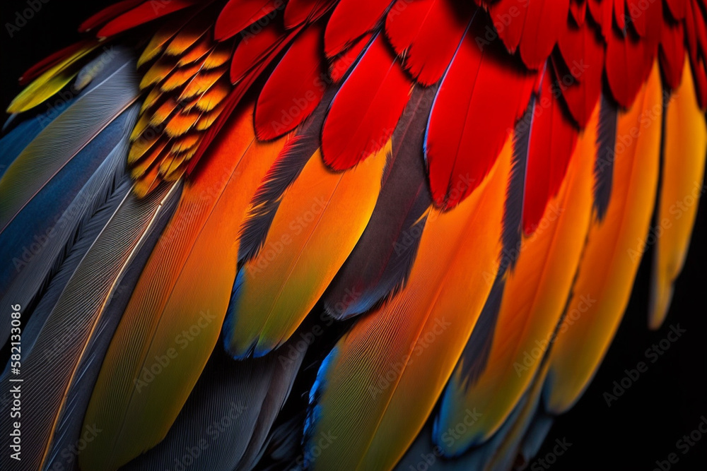 Fototapeta premium Scarlet macaw bird's colorful feather. Abstract background. Generative ai.