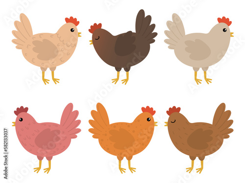 Set of cute chickens. Easter colored cartoon chickens. Vector illustration of a chicken. Set of cute cartoon chicken illustrations.