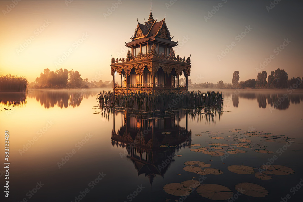Fototapeta premium A temple in the middle of a quiet lake, Generative AI
