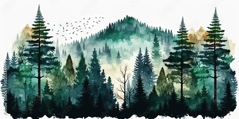 PNG image of green forest, watercolor tree illustration with