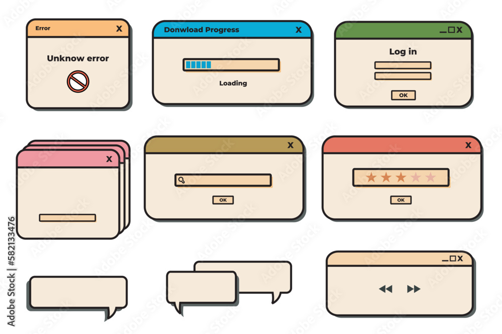 A Sheet of retro vaporwave desktop browser and dialog window templates 80s-90s style. Nostalgic retro style operating system concept on computer. Vector illustration. A Sheet of retro vaporwave desktop browser and dialog window templates 80s-90s style. Nostalgic retro style operating system concept on computer. Vector illustration.