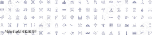 Museum and art line icons signs set. Design collection of separatorMuseum, Art, Collection, Exhibit, Display, Visitor, Ancient, Painting outline concept vector illustrations