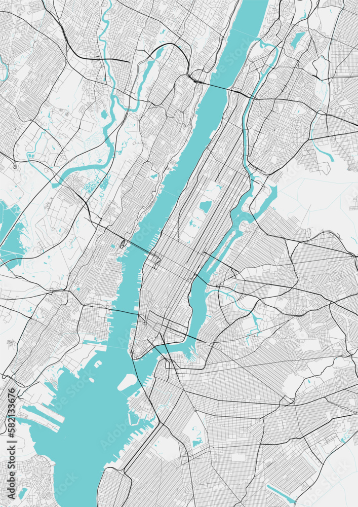 Obraz premium Street map art of New York city in United States of America. Road map of New York City (USA). Black and white (blue) illustration of New York streets. Printable poster.