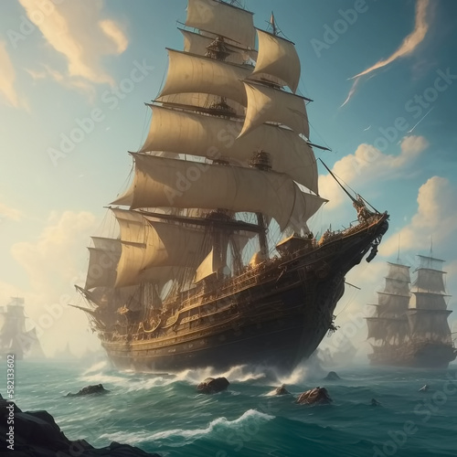 Valokuvatapetti Huge pirate ship sails on sea. Generative Ai