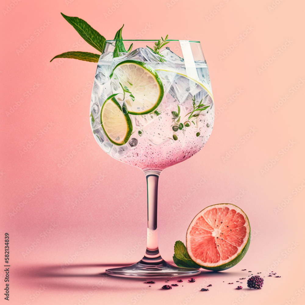 Gin and tonic on a pink background. Generative AI. - obrazy, fototapety, plakaty 