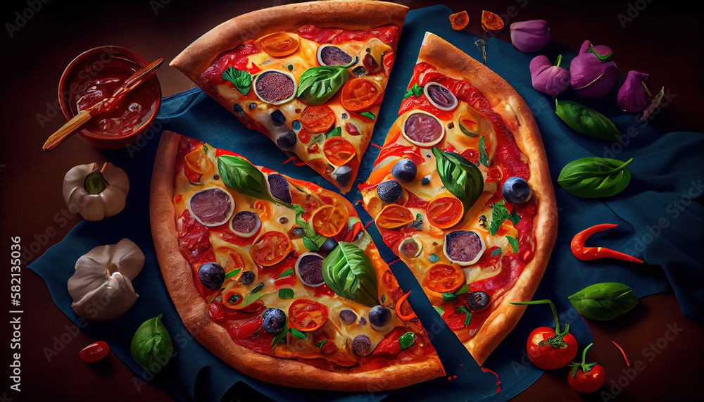 Delicious Pizza on a Wooden Board with Scattered Ingredients AI Gener