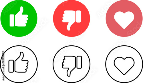 Like, Dislike and Love signs. Social media symbols set.