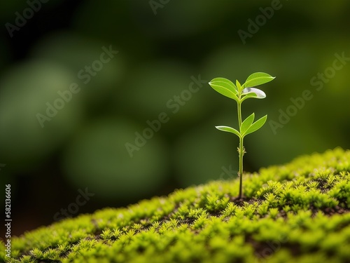 A seedling, small plant, growing from the soil, green blurred background, morning sunlight, young plant in growing. plant growth, seed to sapling, ecology, generative AI 