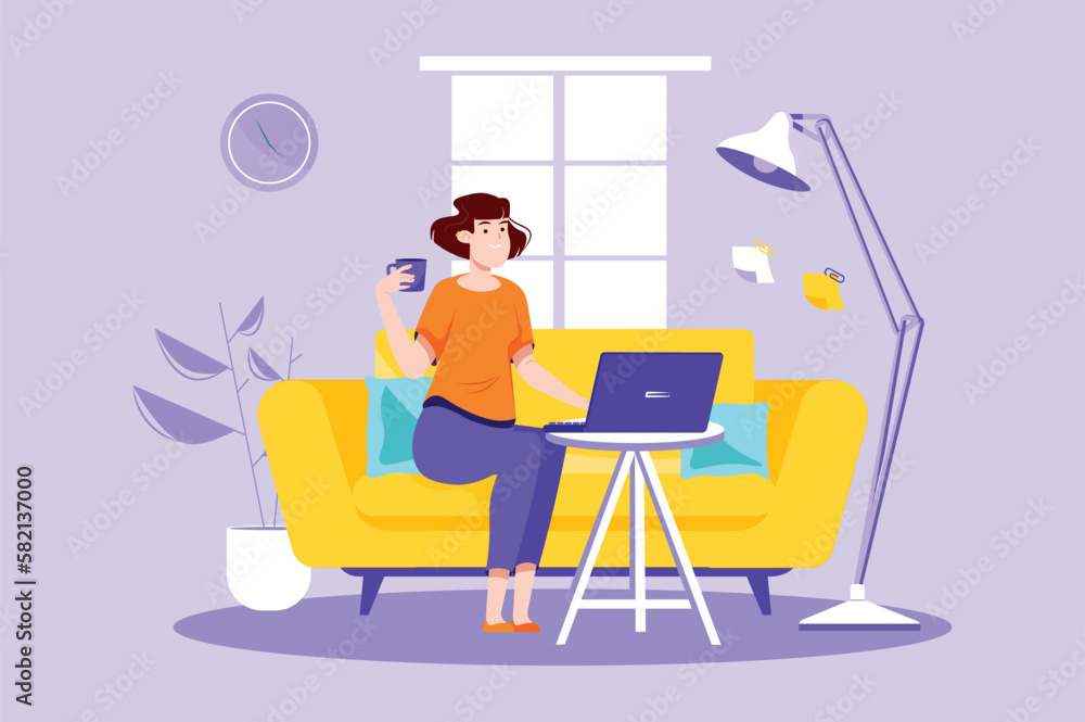 Freelance working violet concept with people scene in the flat cartoon design. A woman works on a laptop at home and earns money. Vector illustration. Freelance working violet concept with people scene in the flat cartoon design. A woman works on a laptop at home and earns money. Vector illustration.