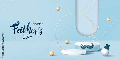Father's day banner for product demonstration. White pedestal or podium with mustache on blue background.