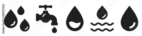 Water icons set. Faucet, drop shape, oil drop, water drops, rain. Water or oil drop. Flat style Isolated on white background - stock vector.