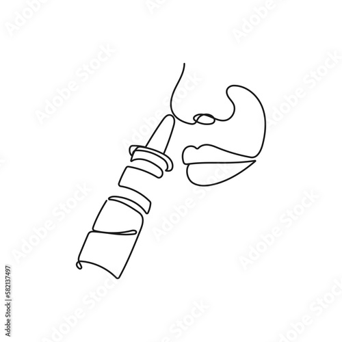 Nasal spray bottle and nose. One line art. Healthcare and medical concept. Hand drawn vector illustration.