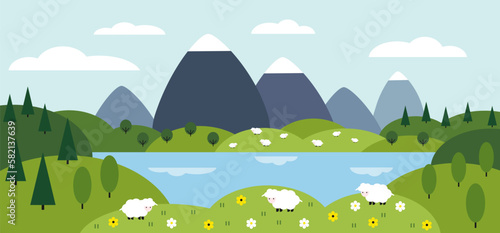 Vector horizontal illustration of forest landscape  meadows  mountains  trees  lake and sheep. Nature illustration for children s books  prints and drawings.