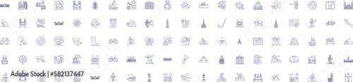 Journey and adventure line icons signs set. Design collection of Voyage, Expedition, Trek, Traverse, Roam, Expeditionary, Tour, Exploration outline concept vector illustrations