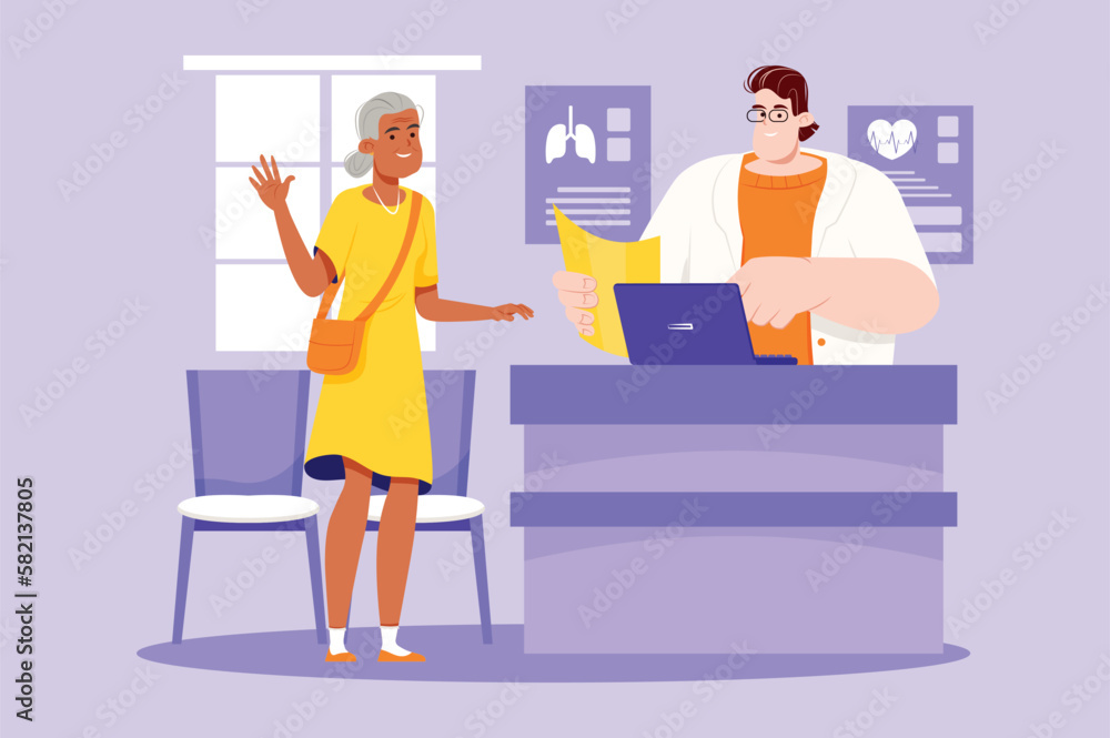 Violet concept Reception at the hospital with people scene in the flat cartoon design. A woman came to the hospital reception to make an appointment with a doctor. Vector illustration.