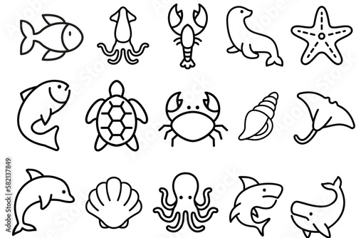 Set Simple Sea Food Related Vector Line Icons. Contains Icons like Shrimp, Oyster, Squid, Crab and more. Stroke edited 