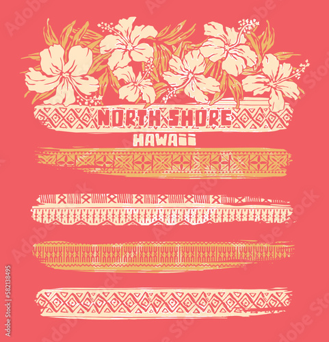 Hawaiian hibiscus flowers ethnic motif stripes grunge vintage artwork for woman girl summer wear