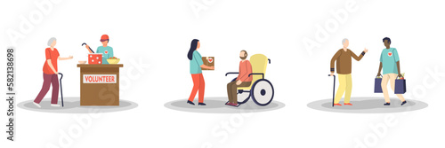 Young volunteers giving support for people with special needs. Group of youth helping humans with disability. Activists providing assistance for persons with rehabilitation. Vector