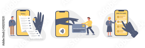 Set of cartoon characters doing shopping online from home. Making cashless payment for goods via Internet using mobile app. Digital environment and electronic commerce. Vector