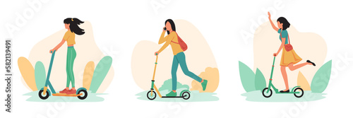 Set of cartoon character of young active women using scooter. No toxic gases in city. People using eco friendly transport. Process of driving modern electric vehicle. Vector