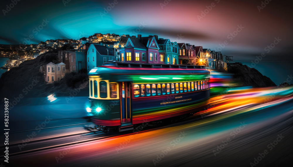 a trolley car climbing the steep hills of San Francisco, with the colorful houses and stunning bay views, long exposure - Generative AI
