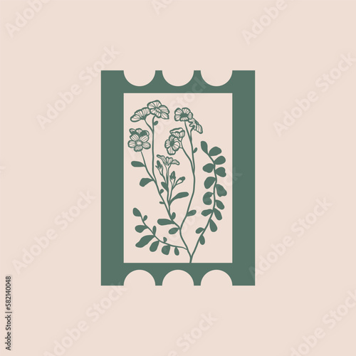 Minimalistic flower graphic sketch drawing, black icon, stamp, trendy tattoo design, floral botanic elements vector illustration.