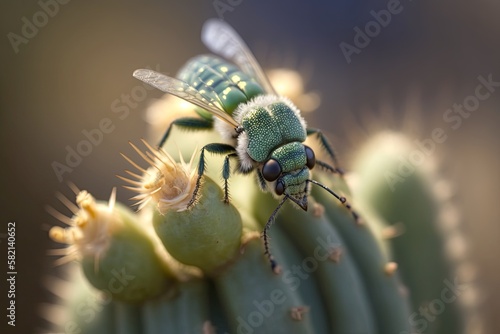 A beetle on a cactus in macro close-up, showcasing the intricate details of nature. Generated by AI. © Кирилл Макаров