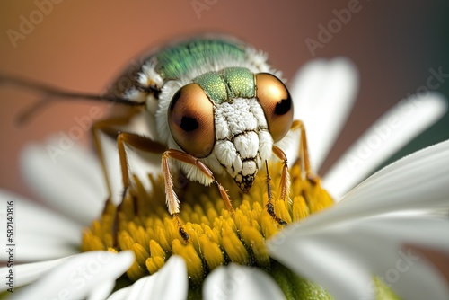 A close-up macro shot of an insect pollinating a daisy flower, with a blurred background. photo